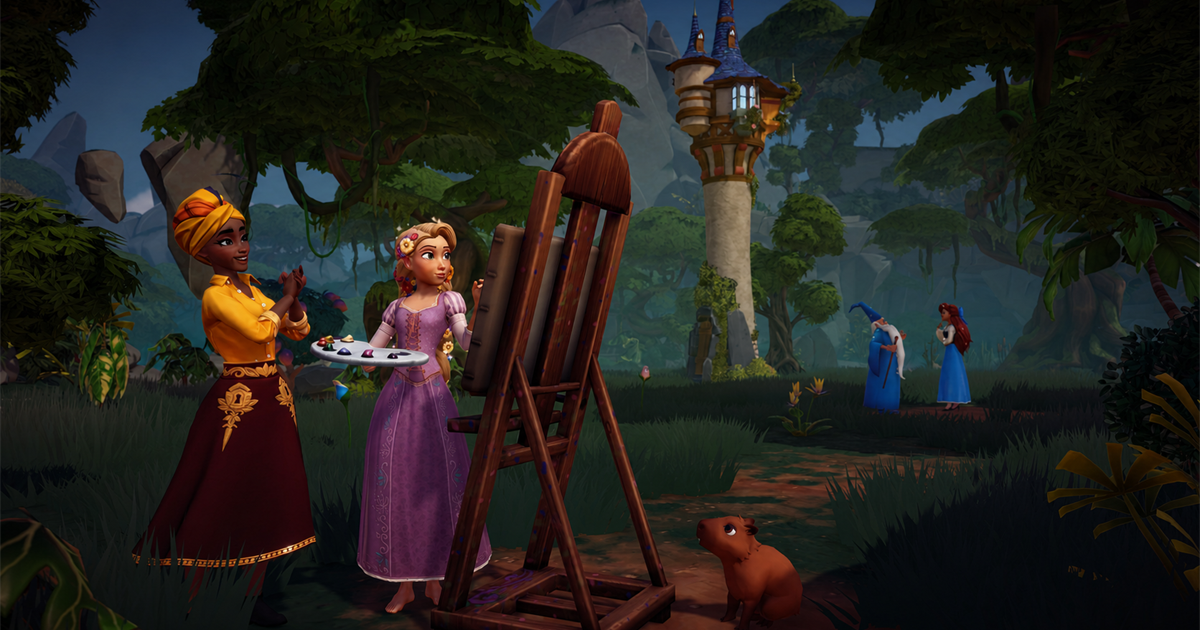 Rapunzel painting beside Tiana in Disney Dreamlight Valley