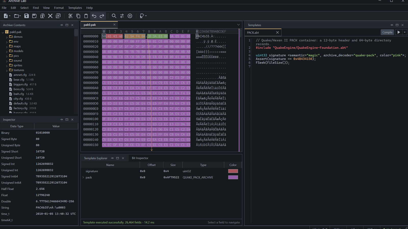 Archive Lab displaying a Quake PACK archive beside its ABT template