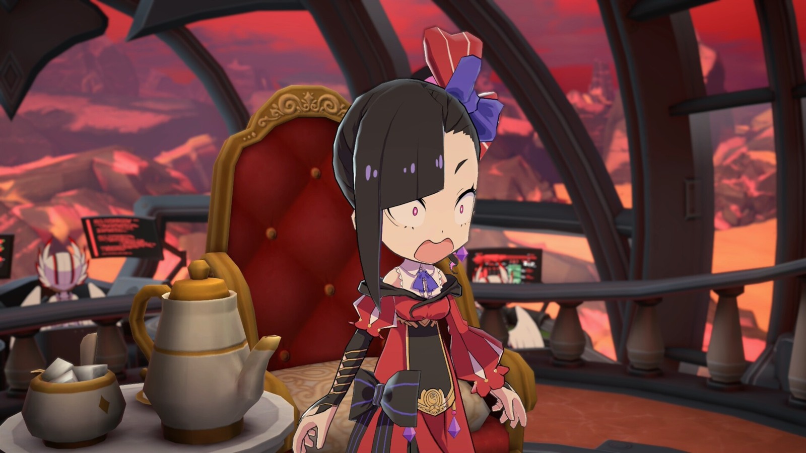 A character seated beside a tea set in the Etrange Overlord Demo